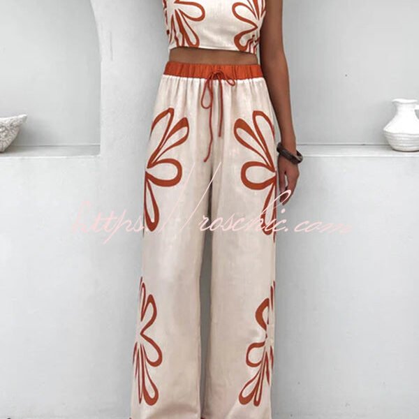 Floral Print Suspender Back Pleated Top and Elastic Waist Drawstring Pants Set