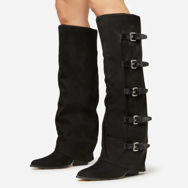 Black Vegan Suede Pointed Toe Chunky Heel Fold-Over Cowgirl Boots