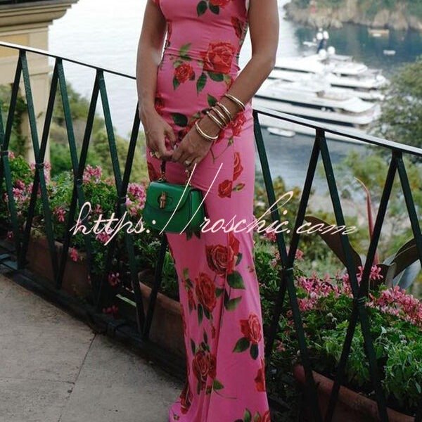 Cheongsam Style Rose Floral Print Tiered Flare Sleeve Stretch Maxi Dress