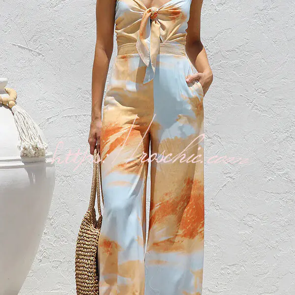 Unique Printed Suspender Back Pleated Pocket Wide-leg Jumpsuit