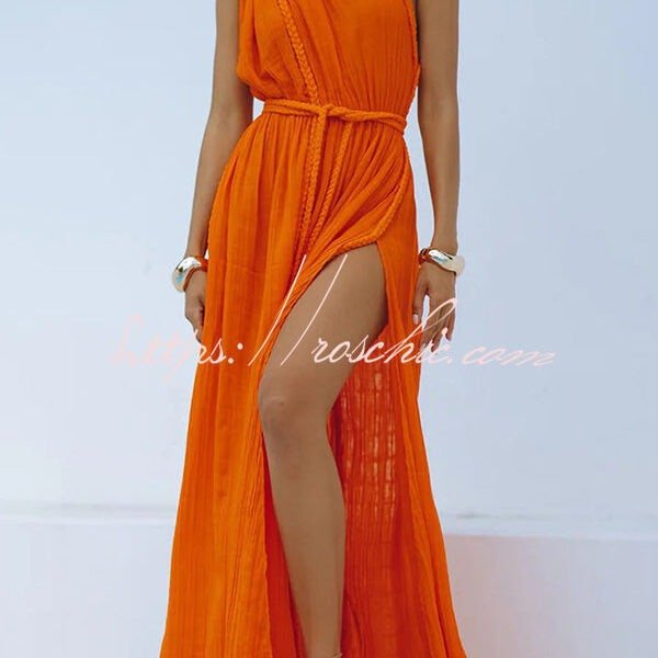 Avani Linen Blend Draped Braids One Shoulder Slit Cover Up Maxi Dress