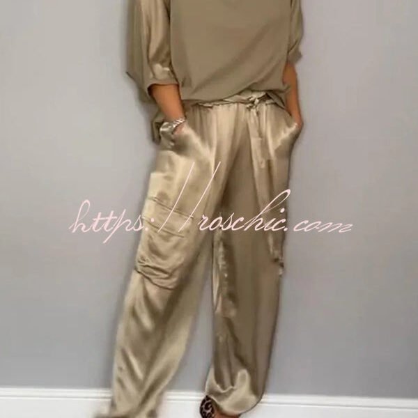 Calissa Smooth Satin Half-sleeved Top and Elastic Waist Pocket Pants Set