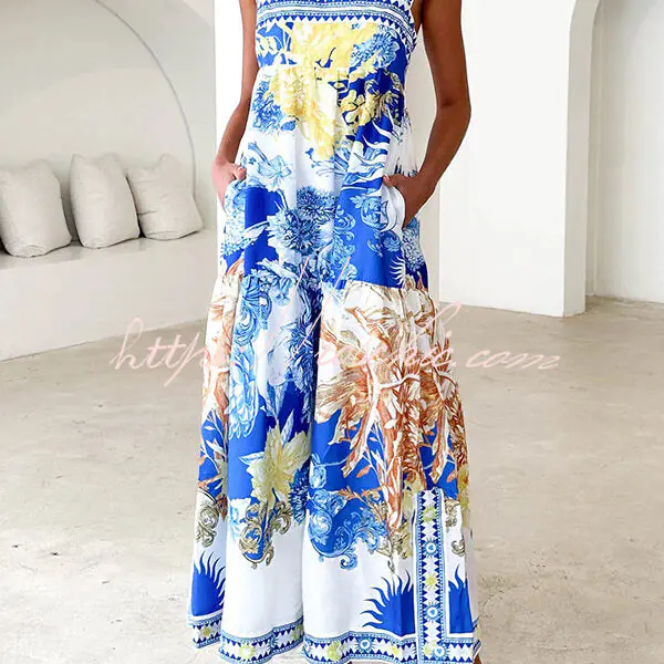 Unique Printed Square Neck Backless Pocket Maxi Dress
