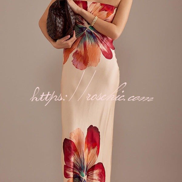Charming Lady Satin Floral Print Bandeau Loose Maxi Dress