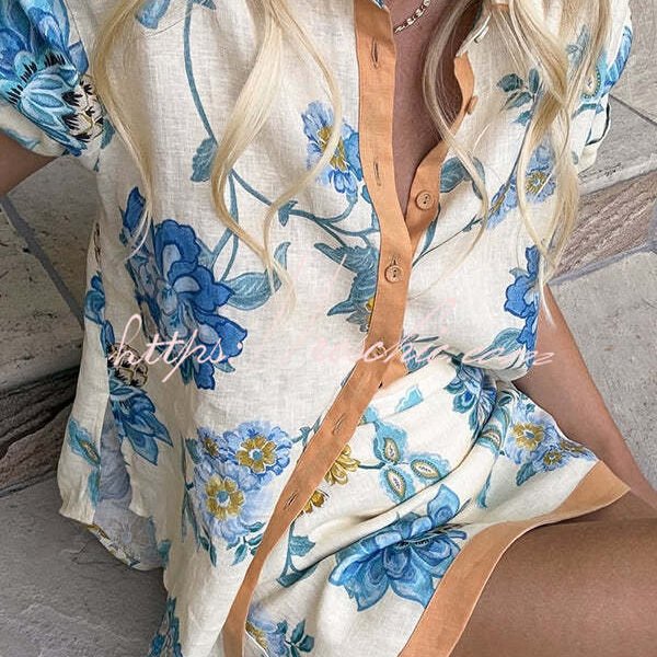 Giselle Linen Blend Floral Print Short Sleeve Shirt and Zipper Mini Skirt Set