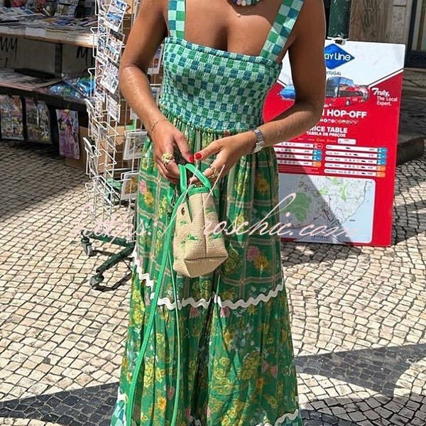 Yolanda Ric Rac Trims Unique Print Smocked Bust Back Lace-up Maxi Dress