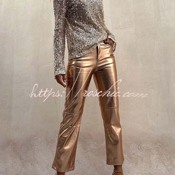 Sinclair Metallic Faux Leather High Rise Pocketed Straight Pants(Shipped Within 24 Hours)