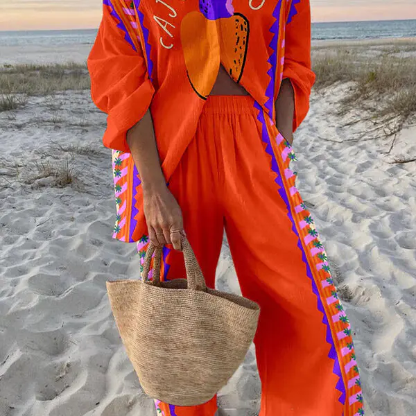 Fruit Print Oversized Shirt and Elastic Waist Pocket Pants Set