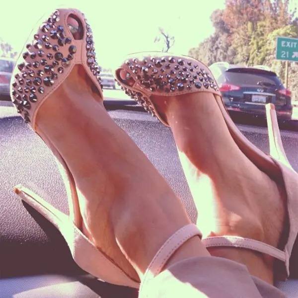 Blush Vegan Suede Studs Shoes Stiletto Heels Ankle Strap Sandals