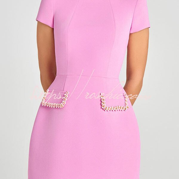 Sweet and Elegant Scent Pearl Trim Short Sleeve Pocketed Mini Dress