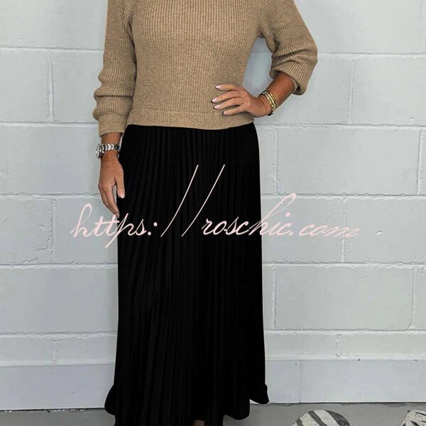 Stylish Knitted Round Neck Long Sleeve Patchwork Pleated Hem Maxi Dress