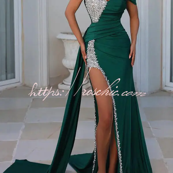 Adelynn Sequin Patchwork One Shoulder Ruched Slit Prom Maxi Dress