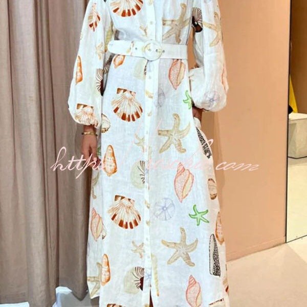 Swinton Marine Element Print  Pocket Balloon Sleeve Belted Maxi Dress