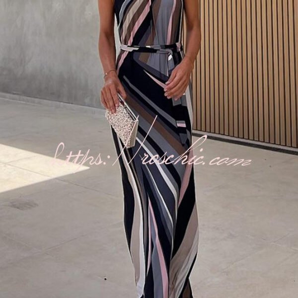 Flowing Elegance Colored Lines Printed Belt Halter Maxi Dress