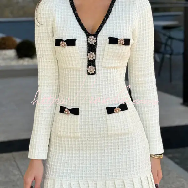 Stylish Waffle Contrast V-neck Ruffled Knitted Mini Dress