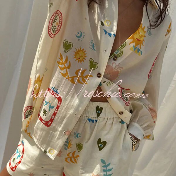 Funny Vacation Unique Printed Long Sleeve Shirt and Elastic Waist Pocket Loose Shorts Set
