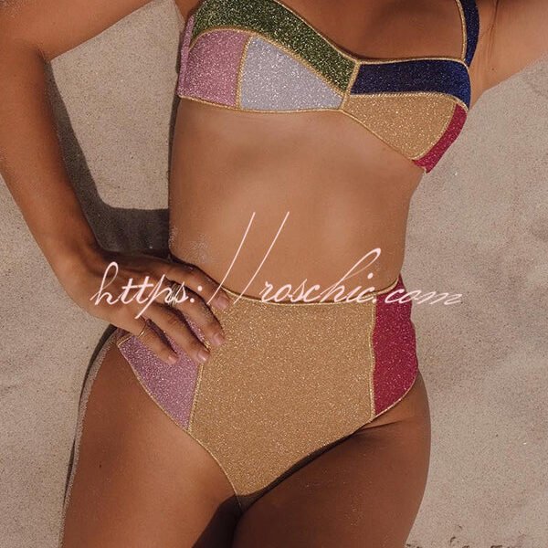 Dream Beach Glitter Fabric Color Block High Waist Bikini Swimsuit