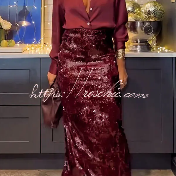 Feeling Festive Texture Sequin Elastic Waist Slit Maxi Skirt