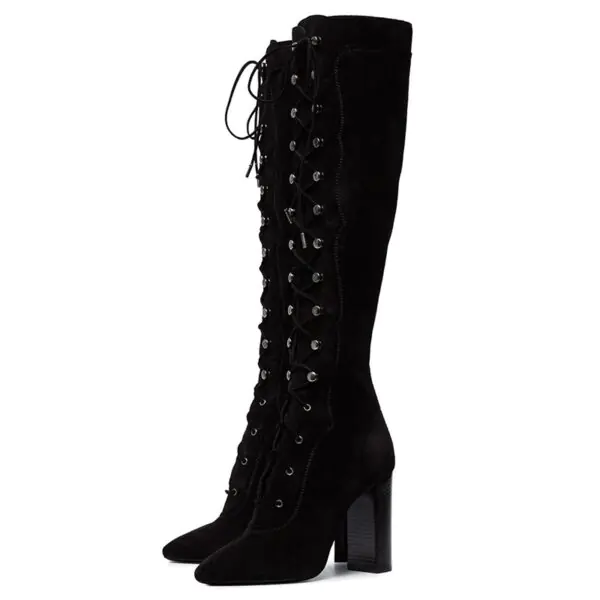 Black Vegan Suede Lace Up Boots Chunky Heel Knee High Boots