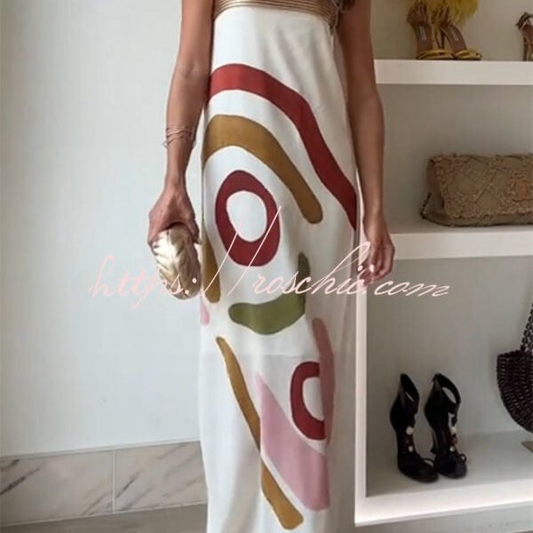 Darlin' Unique Print Pleated Metal Collar Strapless Maxi Dress