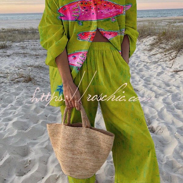 Exotic Fish Print Oversized Shirt and Elastic Waist Pocket Pants Set