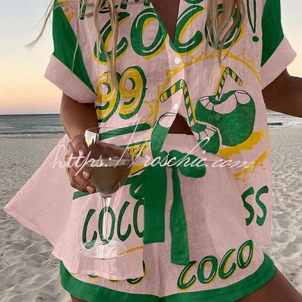 Beach Vacation Print Loose Button Elastic Waist Shorts Set