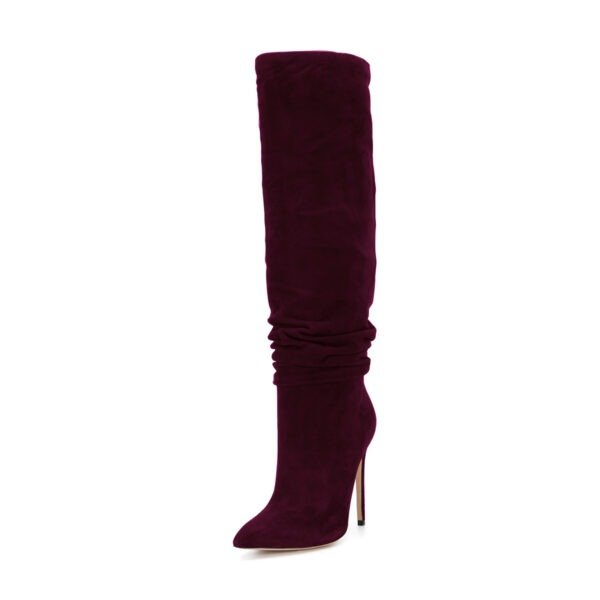 FSJ Burgundy Vegan Suede Stiletto Heel Slouch Boots