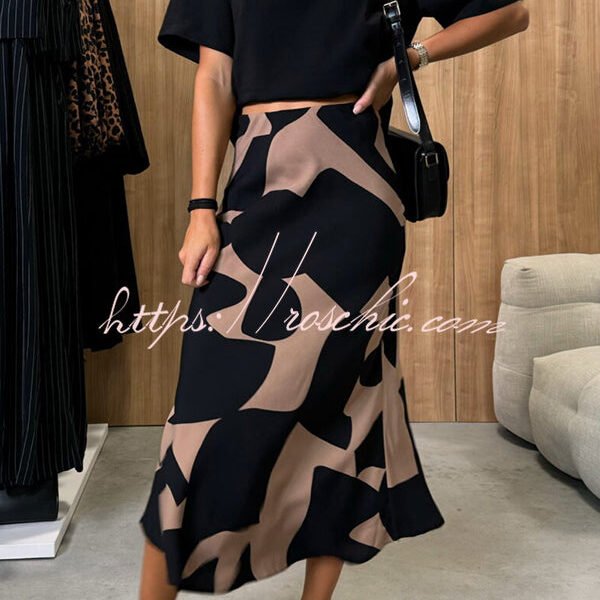 Breezy Composure Unique Print High Rise Elastic Waist Midi Skirt