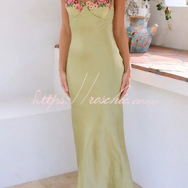 Endless Love Satin Embroidered Flower Trim Strap Maxi Dress