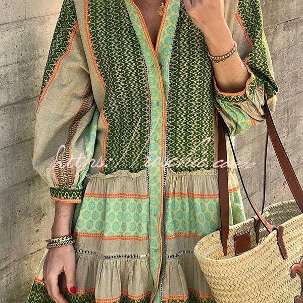Look My Vacation Style Ethnic Print Button Loose Mini Dress