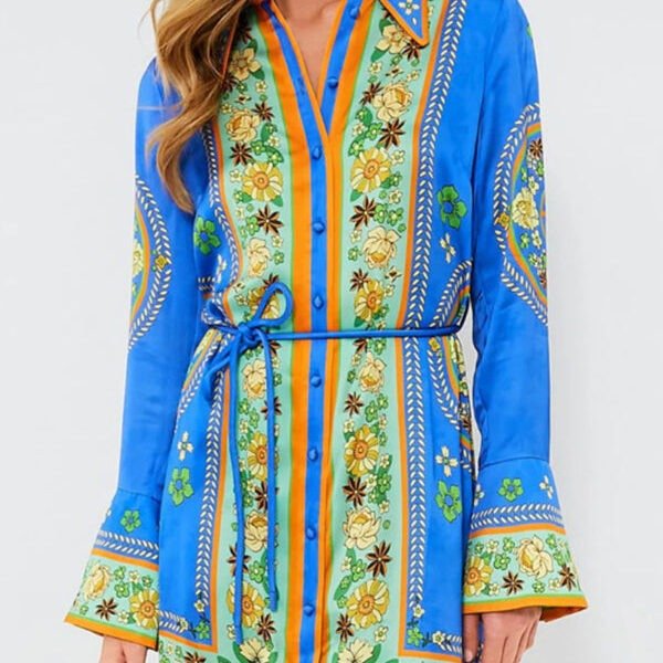Katia Satin Unique Print Shaped Collar Tie-up Waist Shirt Mini Dress