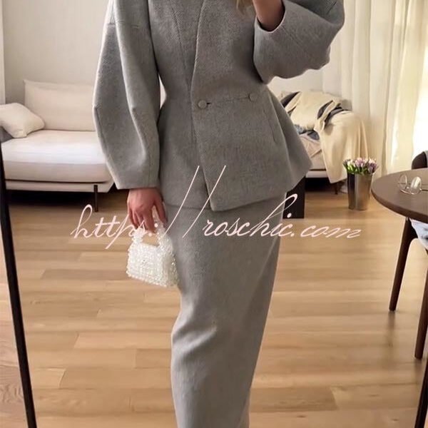 Viseu Texture Fabric Button Balloon Sleeve Coat and Elastic Waist Pencil Maxi Skirt Set