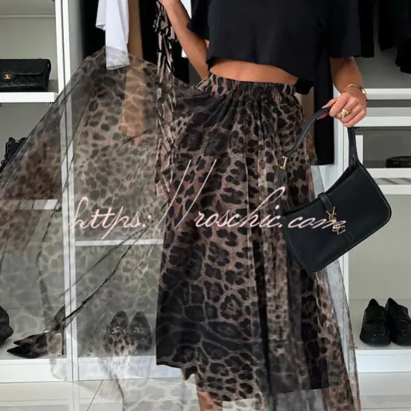 Autumn Jungle Tulle Leopard Print Elastic Waist A-line Maxi Skirt