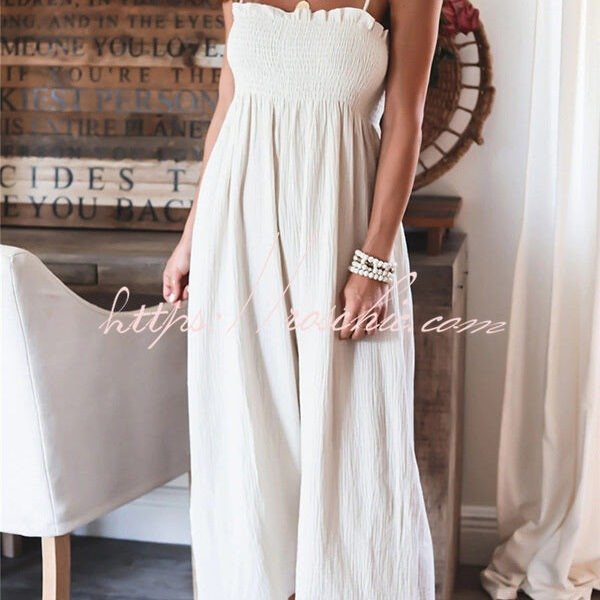 Elegant Solid Color High Waist Linen Blend Suspender Pleated Jumpsuit