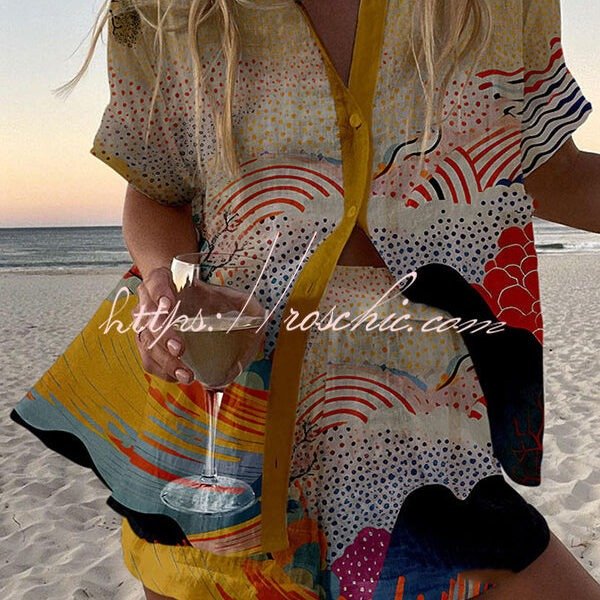 Colorful Cloud Print Loose Button Elastic Waist Shorts Set