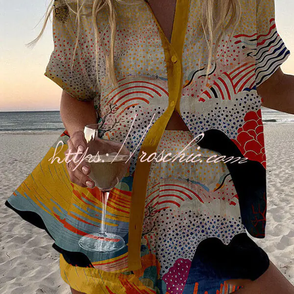 Colorful Cloud Print Loose Button Elastic Waist Shorts Set
