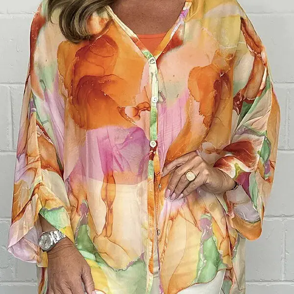 Unique Printed Long Sleeve V-neck Chiffon Loose Shirt