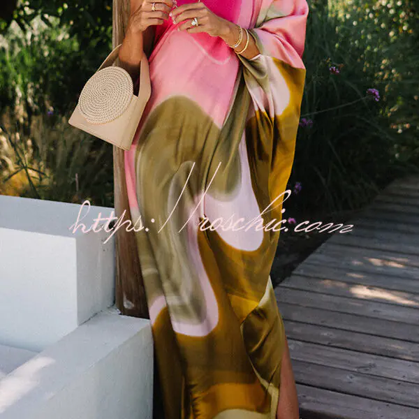 Summertime Favorites Satin Tie Dye Print One Shoulder Drape Vacation Maxi Dress