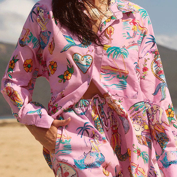 Mermaid Whispers Linen Blend Unique Print Long Sleeve Oversized Blouse