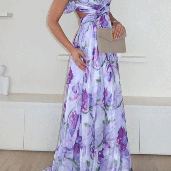 Whimsy Grace Tulle Floral Ruffle Detail Back Lace-up Pleated Maxi Dress