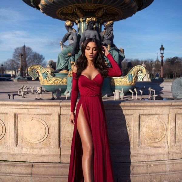 A-line Portrait V-neck Long Sleeve Front Slit Floor Length Chiffon Evening Dress