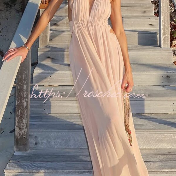 Ethereal Moment Tulle Cutout Ruched Waist Backless Halter Maxi Dress