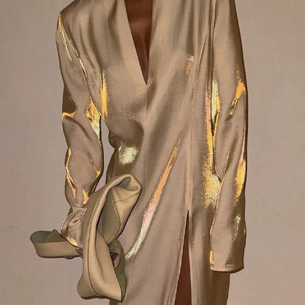 Solid Color Glossy V-neck Long Sleeve Casual Slit Maxi Dress