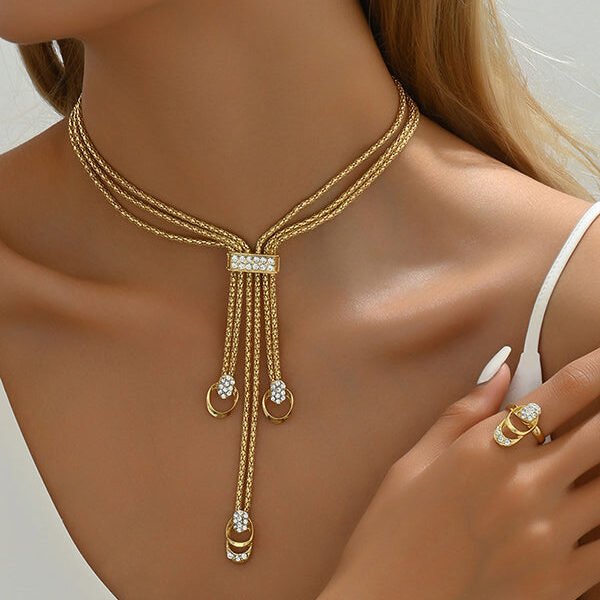 Simple and Fresh Diamond Necklace Earrings and Bracelet Ring Set