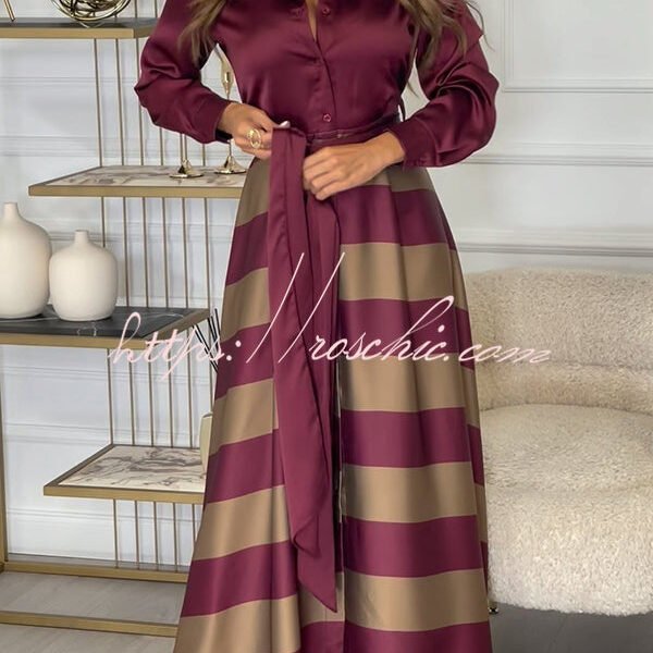 Lindsey Satin Colorblock Contrast Long Sleeve Belted Shirt Maxi Dress
