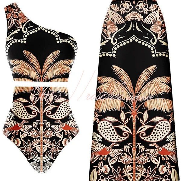 Palm Tree Bird Print Color Block High Waist Bikini And Skirt