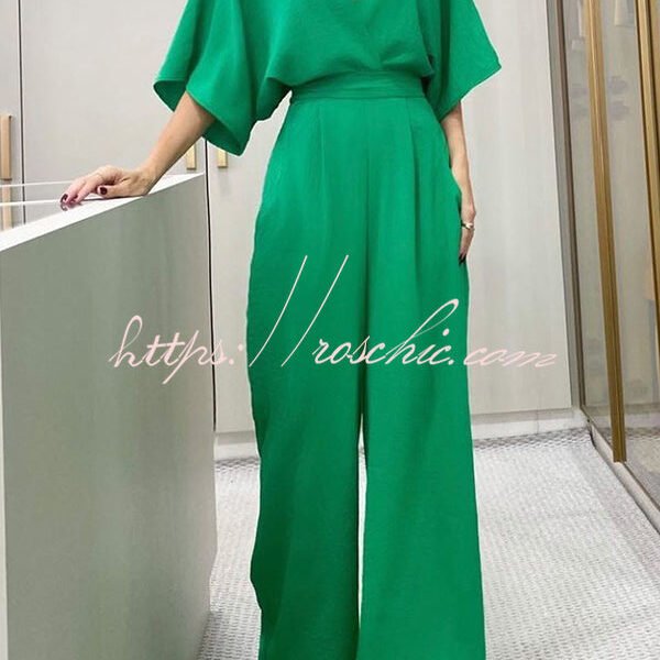 Esther Kimono Sleeve Elastic Waist Pocketed Wide Leg Jumpsuit