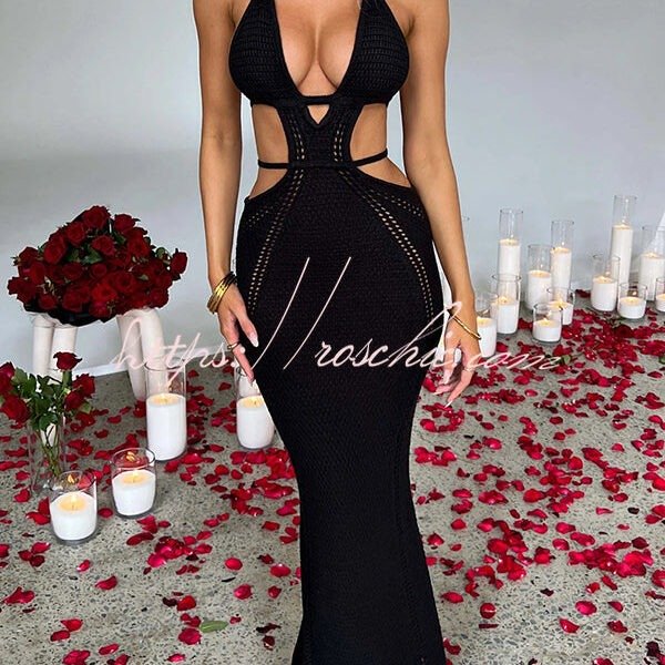 Effortlessly Cool and Sexy Knit Crochet Cutout Halter Tie-up Stretch Maxi Dress