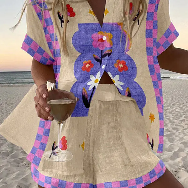 Plaid Floral Print Loose Buttoned Elastic Waist Shorts Set