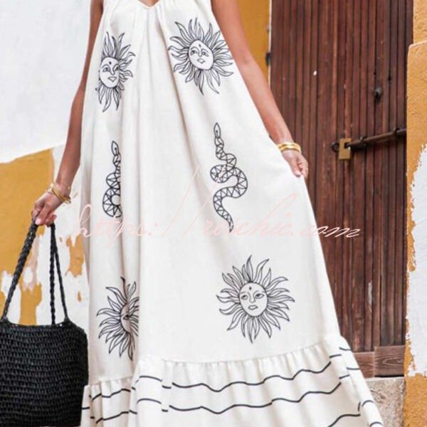 Marisol Linen Blend Unique Print A-line Slip Loose Maxi Dress
